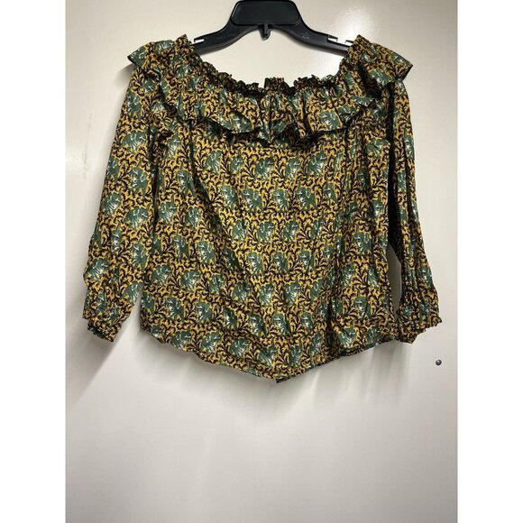 J.Crew Ratti Elephant Print Off-the-Shoulder Ruffle Top Gold Boho Women's Size 4 - Picture 6 of 7